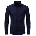 Formal front view of a navy blue long-sleeved men's business casual dress shirt - Navy Blue