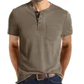 Men's slim-fit Henley shirt with chest pocket in khaki brown short sleeves - Khaki