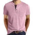 Close-up of pink men's short-sleeve Henley shirt with buttoned placket and pocket. - Pink