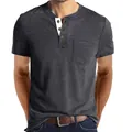 Close-up of men's dark grey Henley short sleeve t-shirt with pocket detail. - S / Tops / Dark Gray