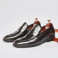Premium men's dark brown polished leather loafers in a classic business casual style - 45 / Light Brown
