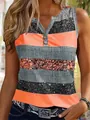 Detail of women's V-neck sleeveless top with colorful horizontal stripes and buttons - S / Tops / Orange