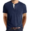 Macro view of a slim fit navy blue Henley T-shirt with a chest pocket and button placket. - S / Tops / Sapphire Blue