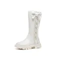 Elegant white girls' knee-high boots with side bow decoration and pearl details - White