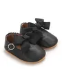 Detailed view of black PU leather baby girl princess shoes with large ribbon bows - Insole Length 11cm / Black