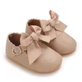 Close-up detail of stylish beige baby girl princess walking shoes with large bow - Insole Length 11cm / Apricot