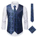 Detailed view of the blue paisley embroidery on men's formal vest, tie and pocket square - Blue