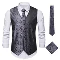 Elegant men's charcoal paisley waistcoat set with matching necktie and pocket square. - Dark Gray