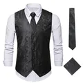 Men's black paisley waistcoat vest set with matching tie and pocket square - S / Set / Black