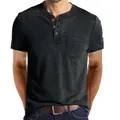 Men's slim fit short sleeve Henley t-shirt in charcoal grey with chest pocket detail - Gray