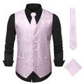 Elegant pink paisley embroidered men's vest set including matching tie and pocket square - S / Set / White Pink