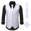 Macro view of white paisley jacquard embroidered vest with matching tie and square - S / Set / White