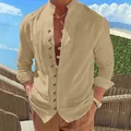 Vintage khaki linen casual shirt for men featuring a stand collar and button-down front - Khaki
