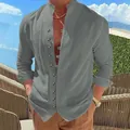 Close-up of grey men's retro linen long-sleeved casual shirt with wooden buttons - Iron Grey