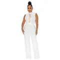 Sleeveless white mock-neck jumpsuit featuring sexy gold chain lace-up chest detail - S / White