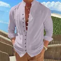 Close-up of men's casual lavender linen shirt with mandarin collar and button detail - Purple