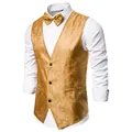 Gouden paisley jacquard heren vest met bijpassende vlinderdas voor formele kleding - S / Set / Goud