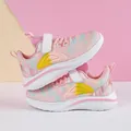 Breathable pink mesh running shoes for girls featuring colorful patterns and hook-and-loop strap - Light Pink
