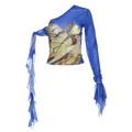 Sexy one-shoulder blue mesh T-shirt with vintage fairy butterfly print and long sleeve streamers - S / Tops / Blue