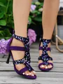 Elegantes sandalias romanas moradas con punta abierta, lentejuelas y cremallera trasera. - Púrpura