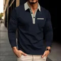 Detailed view of a men's navy blue long-sleeved polo shirt with a beige contrast collar - Navy Blue