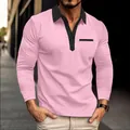 Close-up detail of men's pink and black long-sleeve polo shirt showing the lapel design - Pink