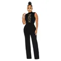 Women's sleeveless black high-neck jumpsuit with decorative gold chain front lacing - S / Black