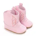 Close-up of pink baby cowboy boots with orange embroidery and soft non-slip PU soles - Pink