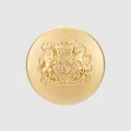 Premium gold-toned brass button featuring a detailed embossed royal crest for garments - Royal Emblem Embossed (FM192) / 15.0mm / Antique Gold