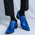 Trendy men's electric blue metallic pointed toe leather shoes with a gold zipper - 38 / Blue