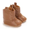 Detailed view of soft brown PU leather infant cowboy boots with white embroidery - Dark Brown