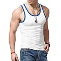 Detailed view of a men's slim-fit white tank top with blue contrast ribbed collar - S / Tops / White Blue Edge