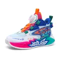 Vibrant boys' breathable mesh basketball shoes featuring an adjustable rotary buckle - 30 / Blue & White