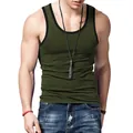 Detail view of men's slim-fit olive green tank top with contrast black trim - S / Tops / Army Green