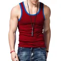 Premium slim-fit men's red tank top featuring blue contrast trim and a casual sporty design - Wine Red