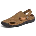 Brown leather men's outdoor sandals with adjustable heel strap and hand-stitched detail - 38 / Tan
