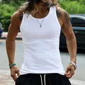 Premium white slim fit ribbed tank top for men featuring an American casual sporty style - S / Tops / White