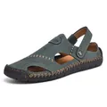 Dark green genuine leather outdoor sandals and slippers for men with durable rubber sole - 38 / Dark Green