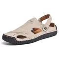 Men's casual cowhide leather outdoor sandals in beige featuring a thick rubber sole - Beige