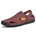 Men's brown leather outdoor sandals with closed toe and adjustable strap - Burgundy