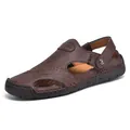 Dark brown genuine leather men's outdoor sandals with durable non-slip rubber sole for summer. - Deep Brown