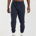 Front view detail of navy men's joggers with vertical seam lines and drawstring waistband. - S / Bottoms / Navy Blue