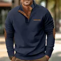 Detail of men's navy blue corduroy sweatshirt with stand collar and brown elbow patches - S / Tops / Navy Blue