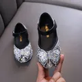 Zapatos planos de princesa para niñas en cuero negro con lazo de diamantes brillantes - 21 / Negro