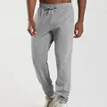 Close-up of grey men's joggers featuring elastic drawstring waist and cuffed ankles. - Light Gray