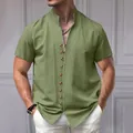 Camicia uomo retrò in lino a maniche corte con colletto alla coreana e bottoni - Taglia S / Top / Verde militare