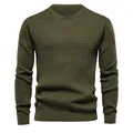 Men's olive green long sleeve crew neck sweater with textured waffle knit pattern. - S / Tops / Army Green