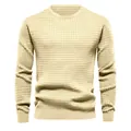 Men's lightweight beige knit sweater with textured small check pattern and crew neck. - S / Tops / Khaki