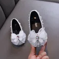 Sparkly silver girls' princess shoes featuring a large lace butterfly bow and pearls - 21 / Silver