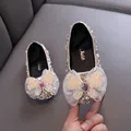 Elegant sparkling gold girls princess dance flats with large lace butterfly bow detail - 21 / Gold